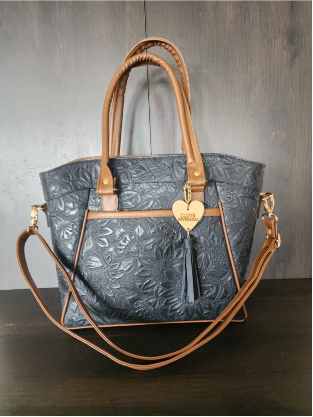 Sunflower Marine NAVY Blue Brown Embossed Tooled Artisan LEATHER Purse Handbag - Picture 15 of 16